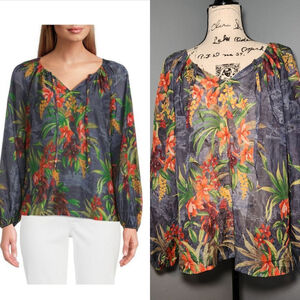 Tommy Bahama Villa Views Floral Silk Blend Split V Neck Peasant Top Womens Large